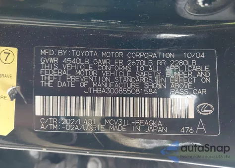 2005 Lexus Es 330 z USA, uszkodzony, nr VIN JTHBA30G855081584